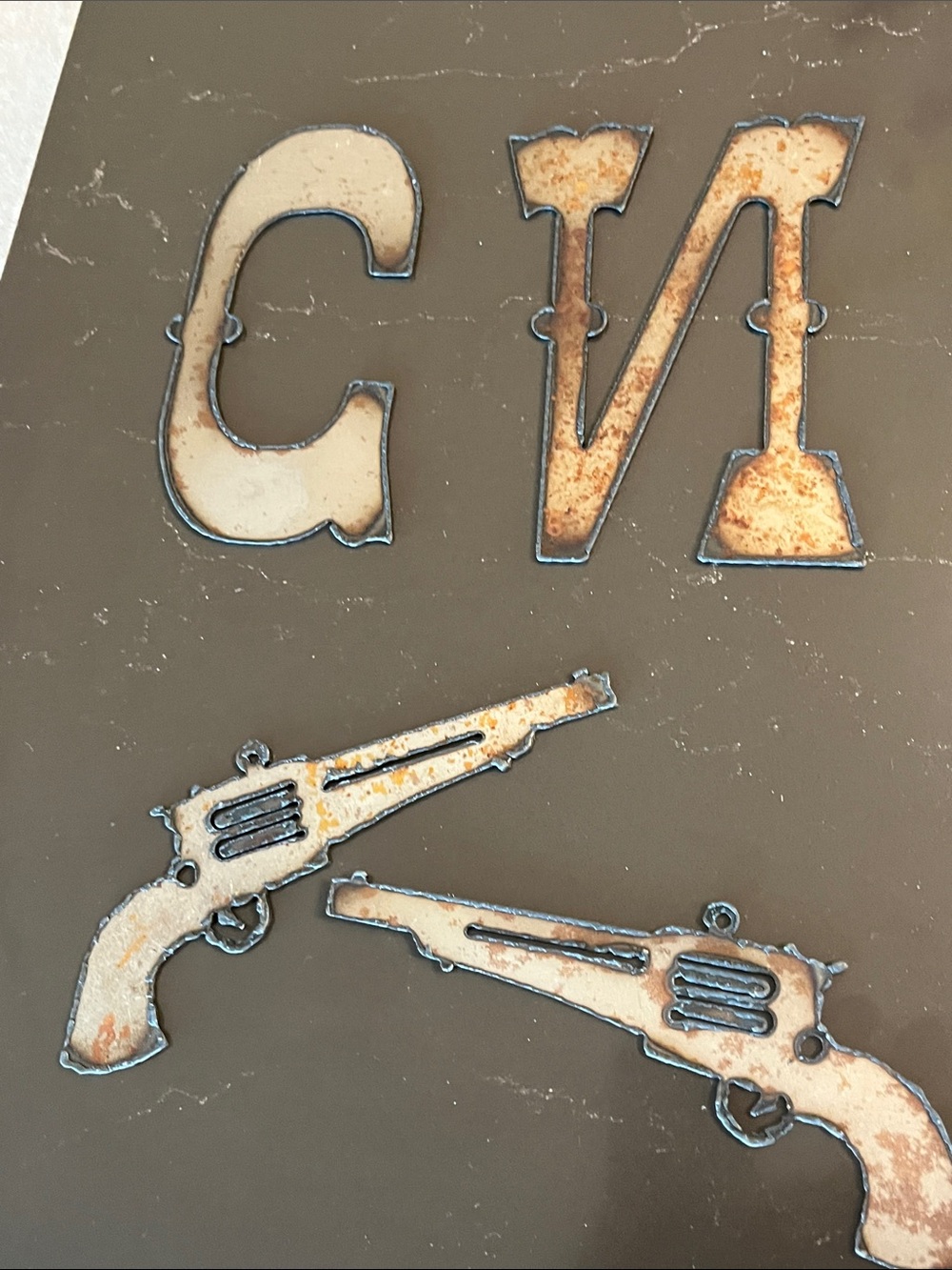Rustic Metal Western Wall Letters & Revolver Décor - Neutral Tones